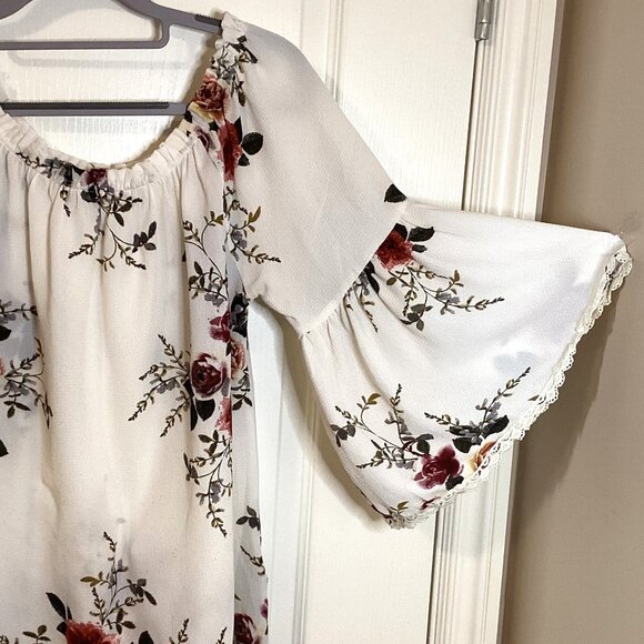 Umgee Women's Top Off-The-Shoulder Blouse Cream Floral Semi Sheer Flounce Sleeve - Picture 3 of 7